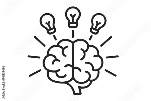 Brainstorming concept with brain and light bulbs. Innovation, creativity, and new ideas symbol. Genius mind thinking. Intelligence, learning, and solution finding icon.