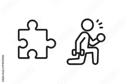 Fitness puzzle and workout icon. Exercise challenge and health strategy concept. Body training, gym plan. Strength and wellness solution. Jigsaw piece and person with dumbbell.