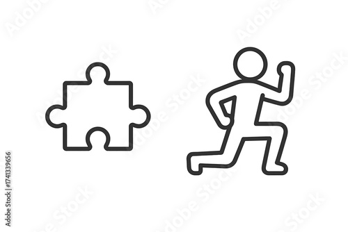 Puzzle piece and running person icon set. Vector linear illustration for business strategy, solution, and action concepts. Jigsaw and exercise for fitness plan or project goal.