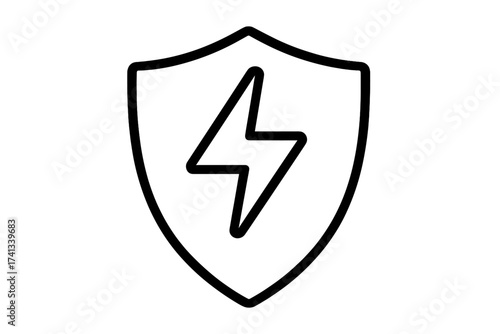 Electricity insurance shield with lightning bolt. Power protection, energy safety symbol. Electric security concept. Minimalistic linear vector icon for web and apps.