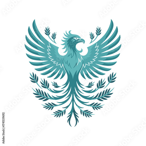Mythical phoenix bird T-shirt Design, wings spread, leafy frame, reborn symbol, fiery creature, fantasy, legend, soaring, flying, power.