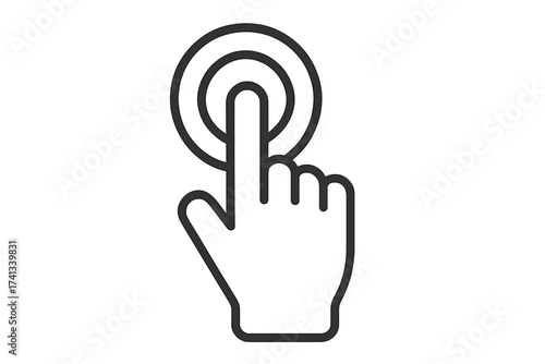 Finger touch icon. Hand pressing button. Click symbol. Pointer gesture. Touchscreen interaction. Select choice concept. Push action. UI UX element. Vector line art pictogram.