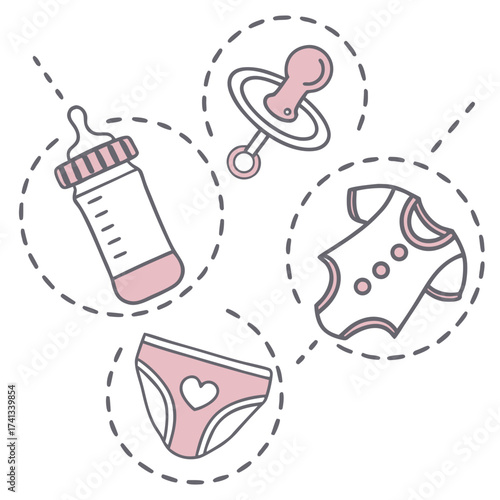 Baby essentials, including bottle and pacifier