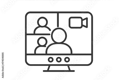 Video conference call icon. Online meeting on computer screen. Remote work team collaboration. Virtual communication technology. Webinar business concept. Line art vector design.