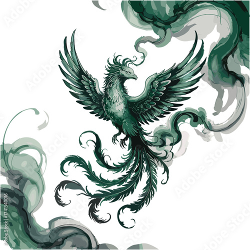 Phoenix bird T-shirt design, mythical creature flying with green feathers. Legendary animal reborn from ashes, surrounded by smoke. Power symbol.