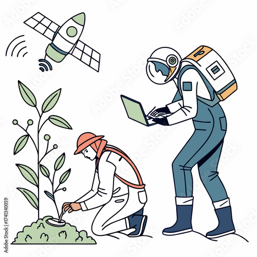 Astronaut and botanist working together on space exploration