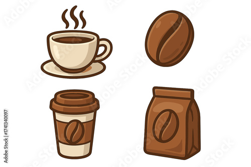 Coffee icon set for cafe menu design. Vector cartoon illustration of a hot drink cup, roasted bean, takeaway paper cup, and packaging bag. Isolated graphic design elements.