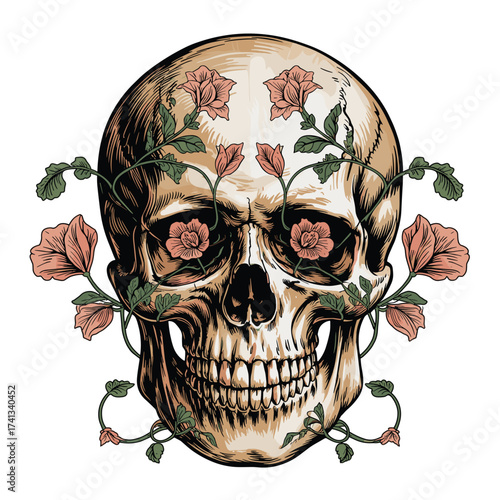 Skull human head with rose flowers and winding vines illustration. T-shirt Design element, floral anatomy fusion, classic tattoo style, life and death symbolism, unique apparel motif.