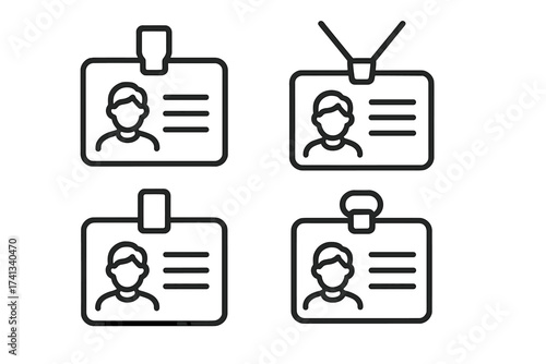 ID card icon set. Identity badge symbol. Line art vector for personal data, security access, employee verification. User profile, name tag, contact, and member icons.