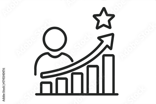 Growth chart and person icon. Concept of career development, personal success, and achievement. Performance boost, reaching goals, motivation and improvement vector line art.