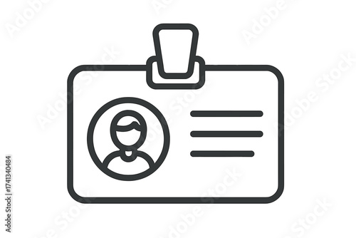 ID card icon, badge symbol for identification. Employee name tag, security pass for staff or visitor. User profile, personal data, account information. Simple outline vector.