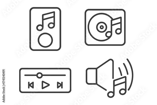Music player icon set. Linear outline style vector illustration. Audio player, sound speaker, vinyl record, media interface symbols. Mp3, note, play button signs collection.