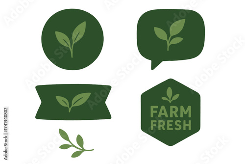 Organic eco farm fresh tags and logos set with healthy vegan leaves, speech bubble shapes, plant icons, natural green vector elements, transparent background, sustainable food design