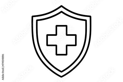 Shield medical cross protection icon, health insurance symbol, safety emblem vector illustration, healthcare security logo, transparent outline design for graphic and web apps, ads, cards