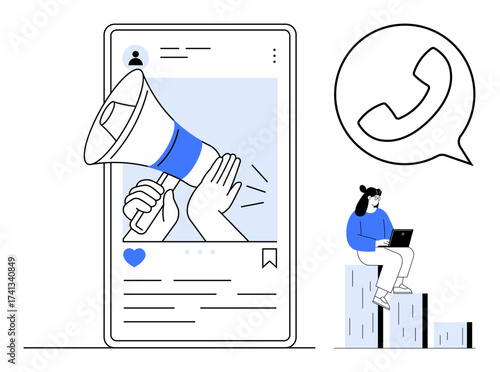 Mobile post with megaphone, woman using laptop on blocks, and phone symbol. Ideal for marketing, digital communication, advertising, social networking, public relations, media outreach and teamwork