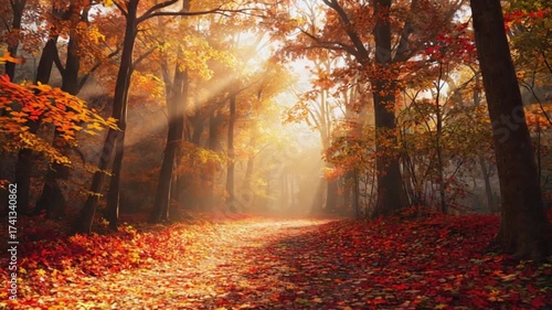 A path through autumn forest with orange leaves and sunlight shining through the trees creating a glow holiday seasonal backgrounds video