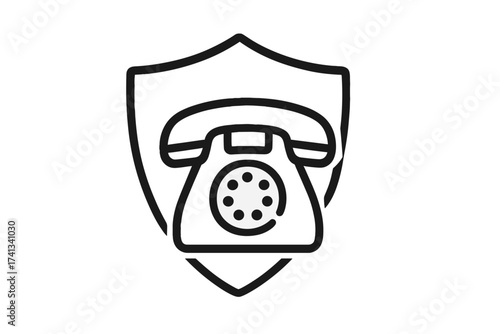 Vintage rotary phone with shield protection icon. Minimalistic linear pictogram for web design, apps, banners, social networks. Vector illustration of security, communication, safety concept.