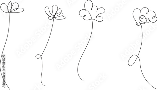 Four delicate hand drawn line art roses with stems and leaves on a white background