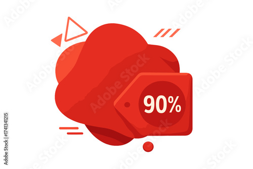 Special offer red geometric bubble tag with 90% off discount label, modern retro vector design, sale price sticker, trendy discount badge, promotional marketing graphic