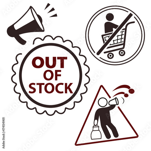 Out of stock sign with megaphone and no shopping cart