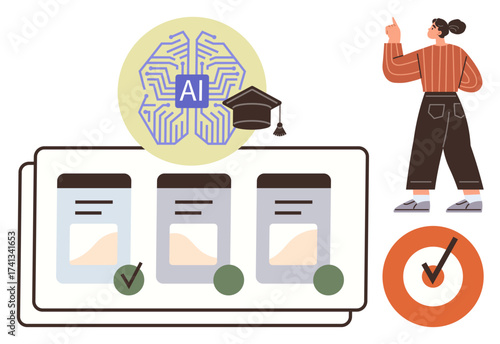 AI-powered system with circuits, graduation cap, checklist, completed task icon, person pointing. Ideal for technology, education, organization, decision-making productivity e-learning innovation