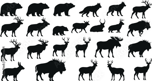 Wild animal silhouette collection with bear, wolf, moose, deer, bison, elk, vector wildlife shapes, forest animal design illustration