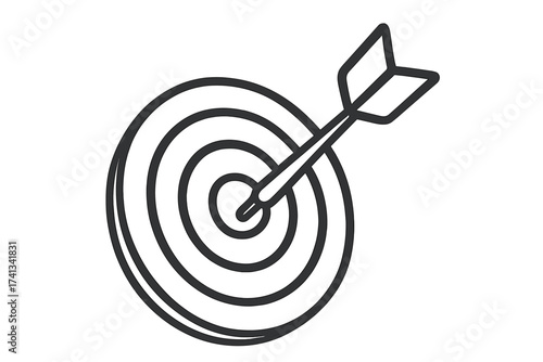 Target icon with arrow hitting bullseye, line style dartboard symbol, vector cartoon illustration, precise goal achievement concept, business success, focus and accuracy design