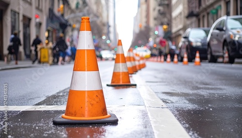 Orange traffic cones line a city street