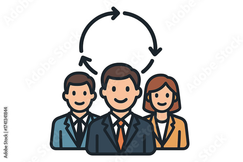 Teamwork icon with business group symbol, vector cartoon illustration of diverse professional people in suits, leadership, collaboration, partnership, communication with transparent background
