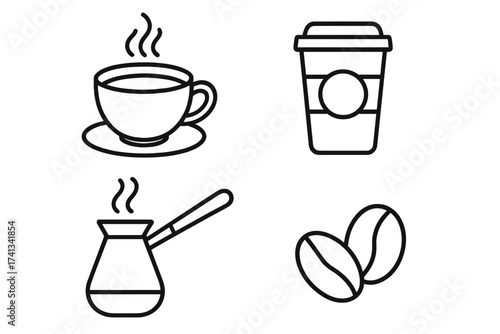 Coffee icons set, vector illustration of hot coffee cup, takeaway coffee cup, steaming cezve pot, and coffee beans, simple black outline graphics for apps and design projects