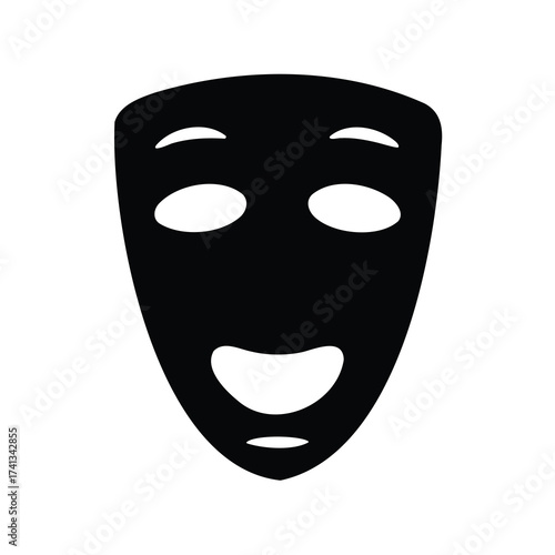 A simplistic black silhouette of a happy theatrical mask on white background