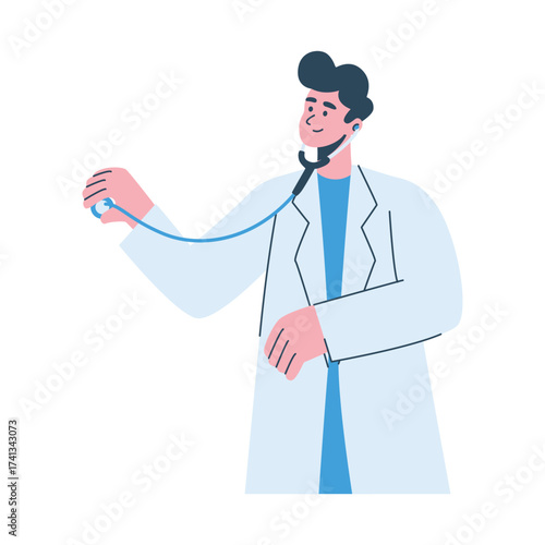 Illustration of a young male doctor with a stethoscope smiling in medical uniform