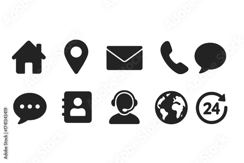 Contact us web icon set in simple flat design. Vector graphic pack of home, location, email, call, message, address book, customer assistance, worldwide, 24 hours support.