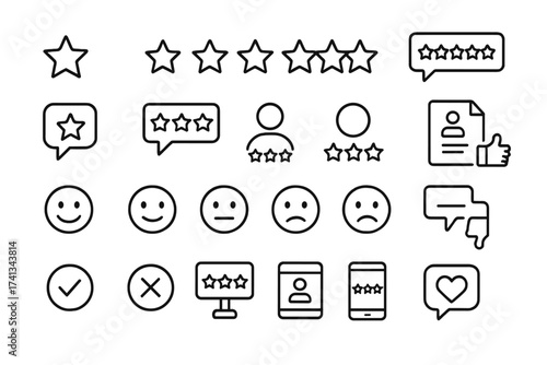 Big set of feedback and review line icons. Star rating, emotion emoticons, quality survey. Customer satisfaction, testimonial, user experience symbols for app and web ui.
