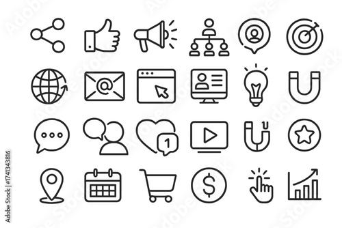 Digital marketing line icon set. Social media, e-commerce, and communication symbols. SEO, advertising, user engagement, and online business vector graphics collection.