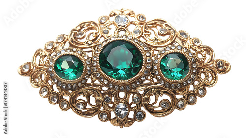 Luxurious antique gold brooch with intricate filigree and emerald gemstones for jewelry design