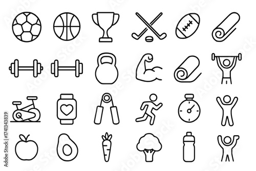 Sport and fitness icon set. Line icons for gym, workout, healthy food. Vector symbols for nutrition, soccer, basketball, running. Healthy lifestyle and activity concept.