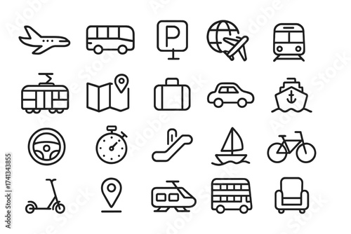 Transport line icon set. Travel, tourism, logistics, and delivery symbols. Vector pack with airplane, car, bus, train, ship, bike, scooter, map, luggage for web and mobile app.