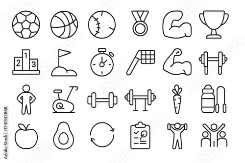 Sport and fitness line icon set. Healthy lifestyle, food and nutrition icons. Vector collection for gym, workout, training. Soccer, basketball, dumbbell, medal, trophy.
