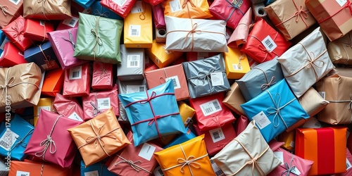 A messy pile of online shopping packages, various sizes and colors,  delivery,  assortment