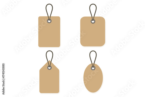 Set of blank brown paper price tags or gift labels. Cardboard craft tag collection in different shapes with strings. Empty sale badge mockup for shopping. Vector illustration.