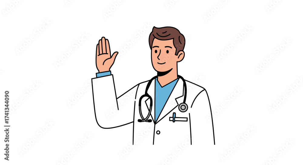 Fototapeta premium Friendly Doctor Waving Hand in Greeting with Stethoscope and White Coat.