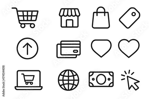 E-commerce icon set for online shopping. Vector line art symbols for web design, UI, and apps. Includes shopping cart, store, credit card, bag, and payment icons.