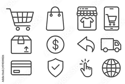 E-commerce icon set. Online shopping line icons for website design and app. Vector symbols for delivery, payment, mobile shopping, cart, secure transaction, and returns.