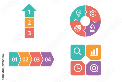 Infographic elements set for business presentation. Vector chart, graph, diagram templates. Process steps, timeline, workflow, and strategy options for data visualization.