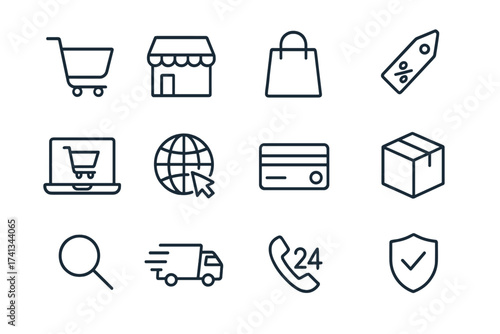 E-commerce line icon set for online shopping. Vector collection for web design, logo, app, UI. Includes cart, store, delivery, payment, security, support, sale, and search icons.