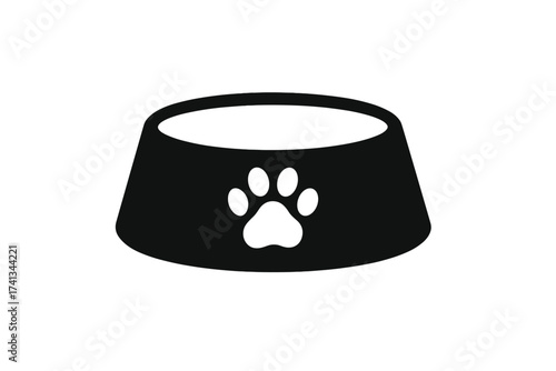 Pet food bowl with paw print. Dog and cat feeding dish icon. Black silhouette symbol for pet shop, veterinary, animal care concepts. Vector graphic for logo, web, app.