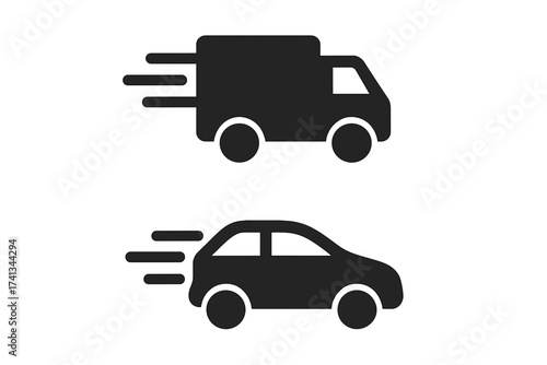 Fast delivery truck and car icon set. Express shipping and transport symbol collection. Vehicle speed concept for logistics business, web design, logo, app, and UI. Vector.