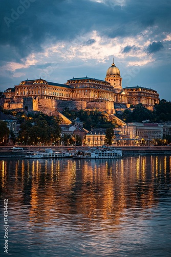 Historic Castle on Hill Overlooking River at Sunset in Budapest