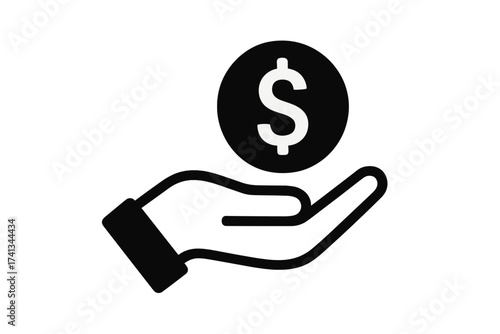 Save money icon vector. Hand holding dollar coin. Symbol of payment, salary, cash, income, investment, savings. Business finance concept. Loan, credit, donation pictogram.